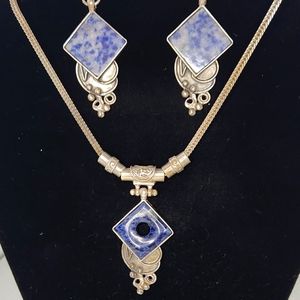 Vintage handcrafted stamped 925 sterling silver/Sodalite tile pendant necklace‎